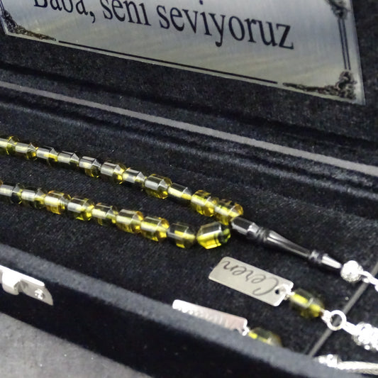 Kehribar Tesbih / Sikma Tesbih Kutulu İsim Yazılı