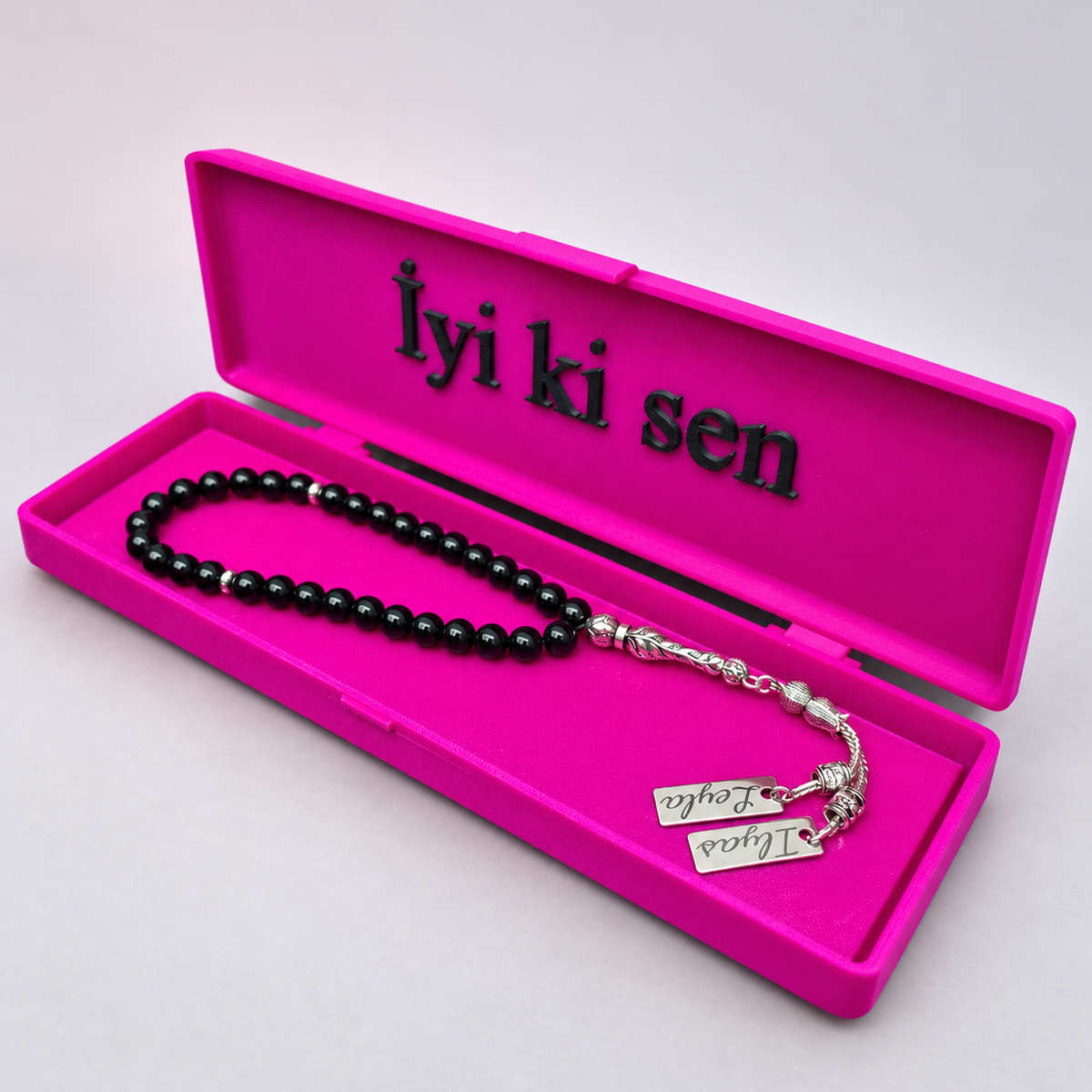 Namen Tesbih personalisiert aus Naturstein mit Pink Box