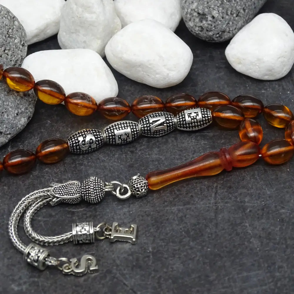 Kehribar Tesbih / Sikma Gebetskette Namen Gravur mit Box