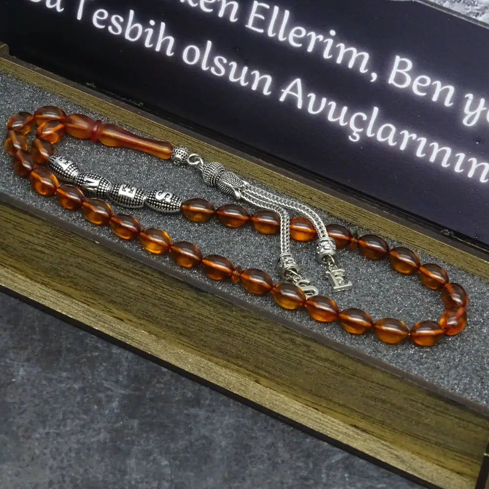 Kehribar Tesbih / Sikma Gebetskette Namen Gravur mit Box