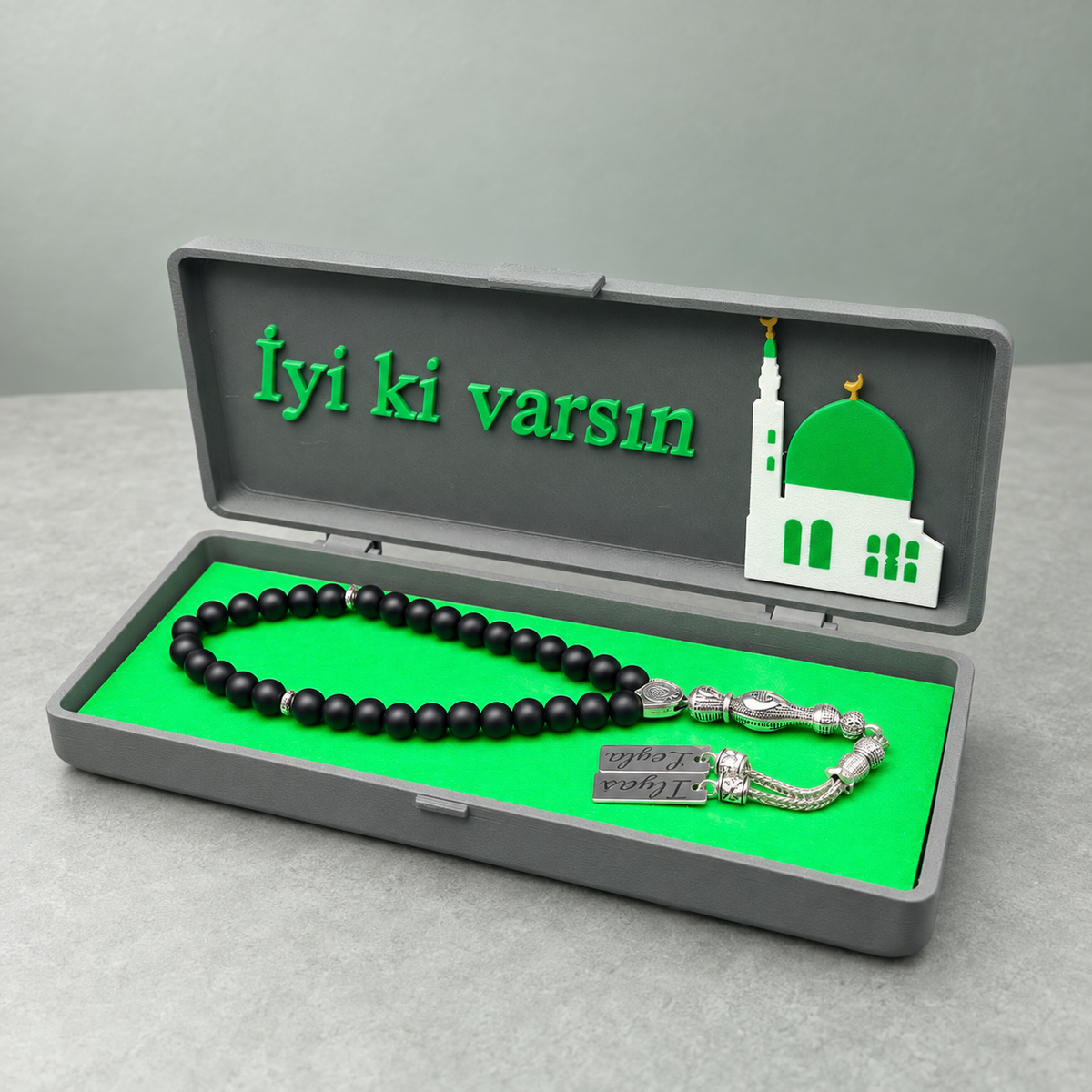 Namen Tesbih personalisiert aus Naturstein mit Box Mescidi-Nebevi Yesil Kubbe