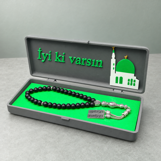 Namen Tesbih personalisiert aus Naturstein mit Box Mescidi-Nebevi Yesil Kubbe